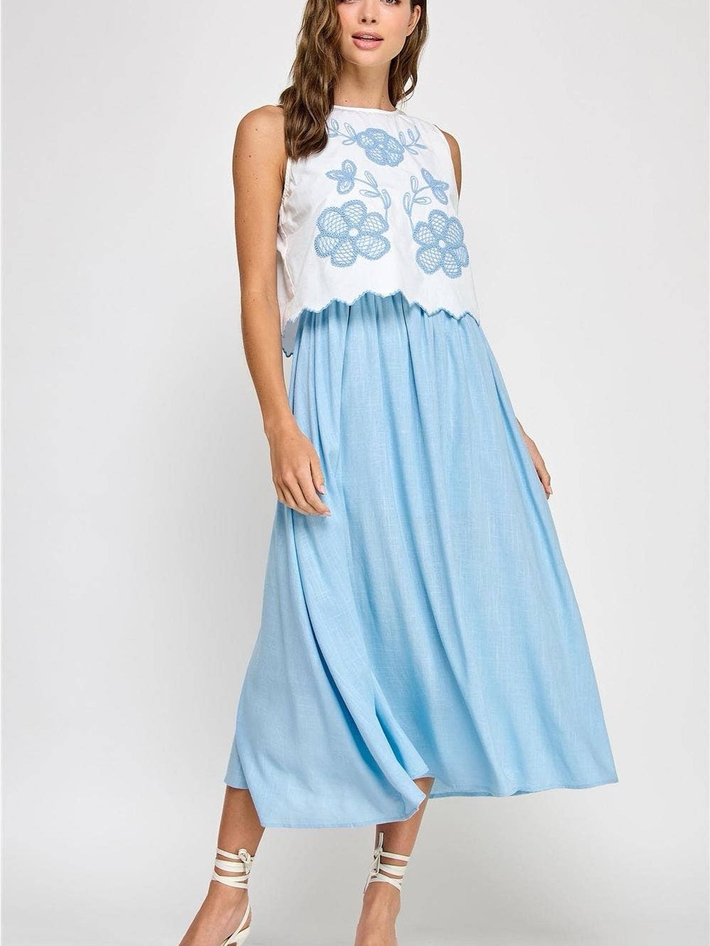 Strut & Bolt Blue Embroidered Sleeveless Midi Dress